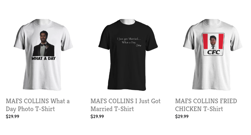 MAFS' Collins line of Married At First Sight themed t-shirts